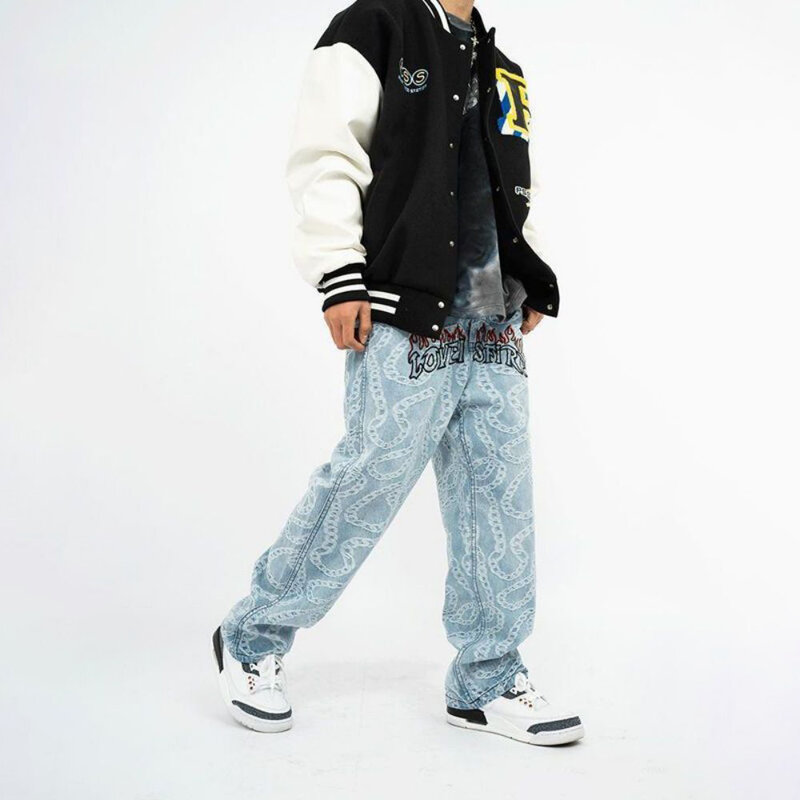 Calças de brim de hip hop calças de brim homens tendência carta denim impresso homem casual streetwear calças masculinas fogo solto oversize