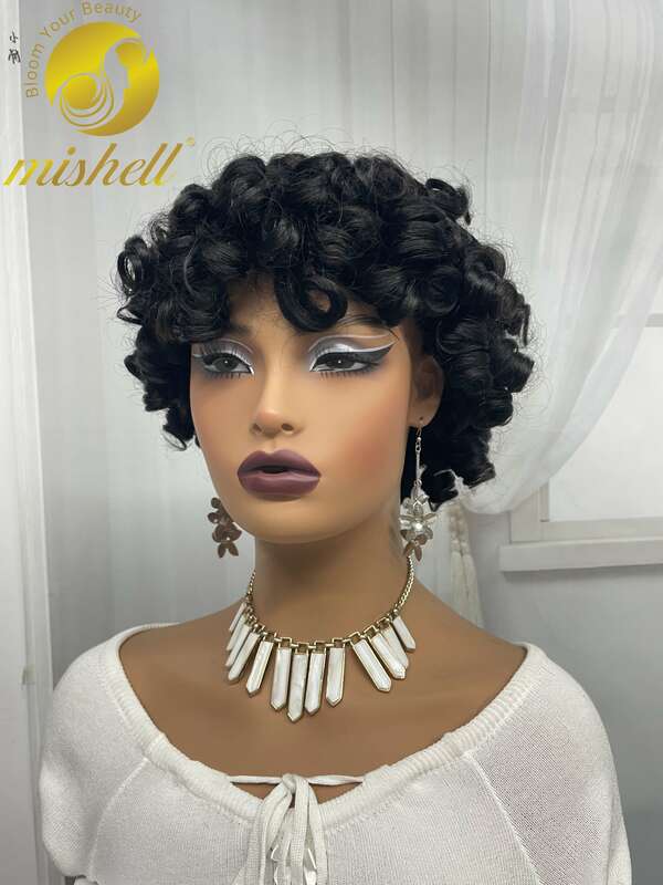 Peluca de cabello humano rizado con flequillo para mujeres negras, 6 pulgadas, 200% de densidad, corto, Natural, Afro, hecho a máquina