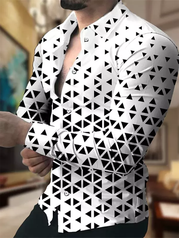 Camisa de manga larga con estampado de botones para hombre, traje con solapa geométrica cuadrada a cuadros para exteriores, ropa informal de diseñador, cómoda