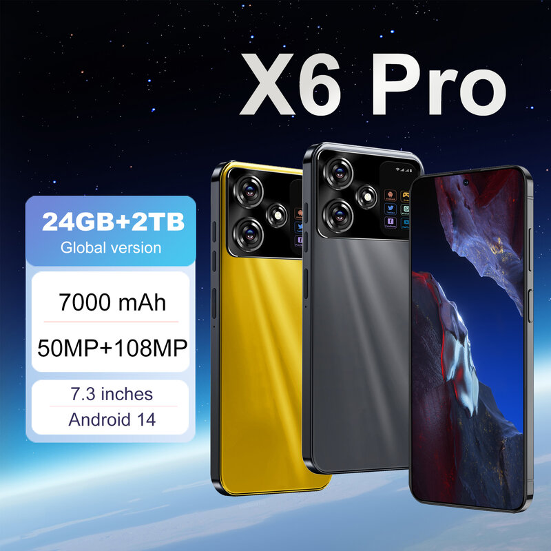 Новый смартфон Poca X6 Pro, телефон, телефон с экраном 7,3 дюйма HD + Android 14, 7000 мАч, 4G/телефон, Snapdragon 8 Gen 3, 50 Мп + МП