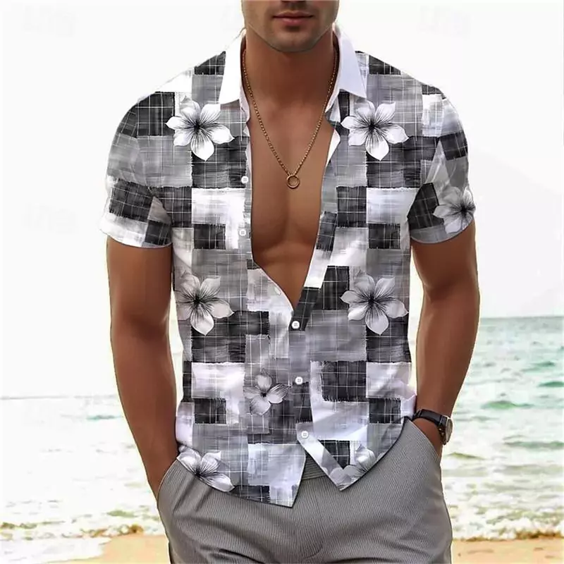 Рубашка-поло мужская с цветочным принтом, клетчатая пляжная удобная одежда с коротким рукавом, с воротником-поло, лето 2024