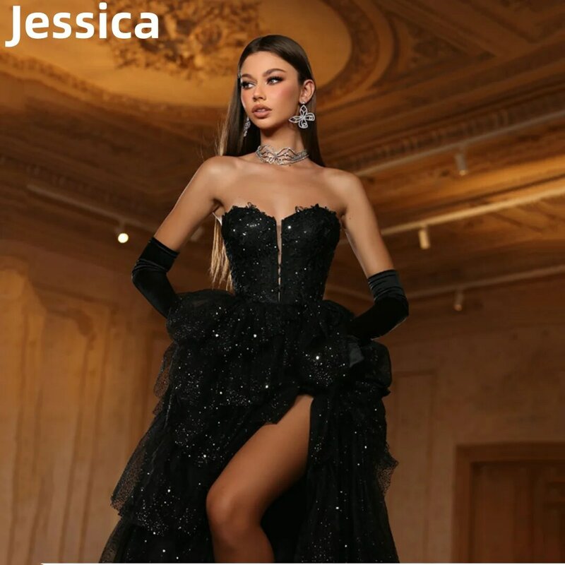 Jessica Black Lace Embroidery Prom Dresses Glitter Tulle Layering Prom Dress Formal Occasion Party Dressese Vestidos De Fiesta