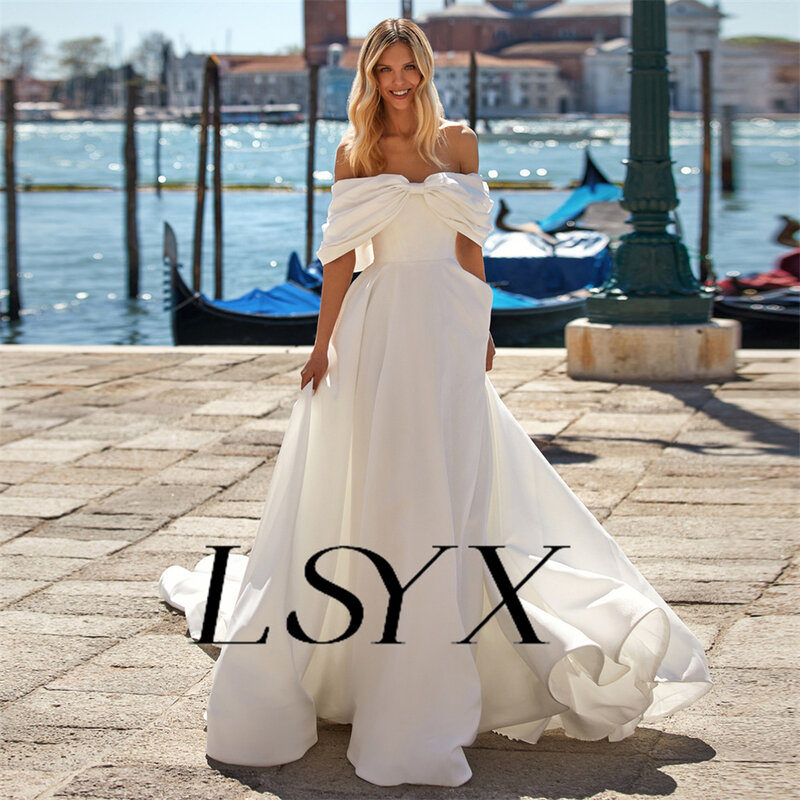 LSYX-vestido de novia plisado con hombros descubiertos para mujer, traje de novia de línea a con crepé y lazo, longitud hasta el suelo, espalda recortada, personalizado, Msde