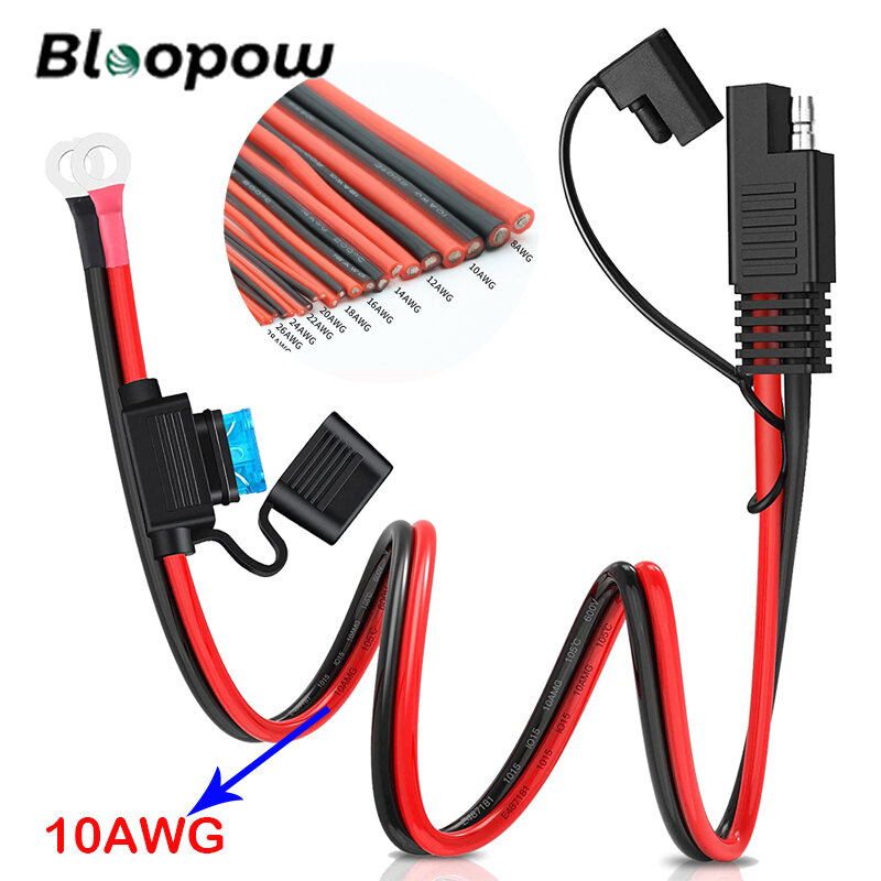 Bloopow 10AWG SAE 2-Pin Quick Disconnect to O-ring Terminal Harness Connector with 15A Fuse for Car Battery Charger Cable