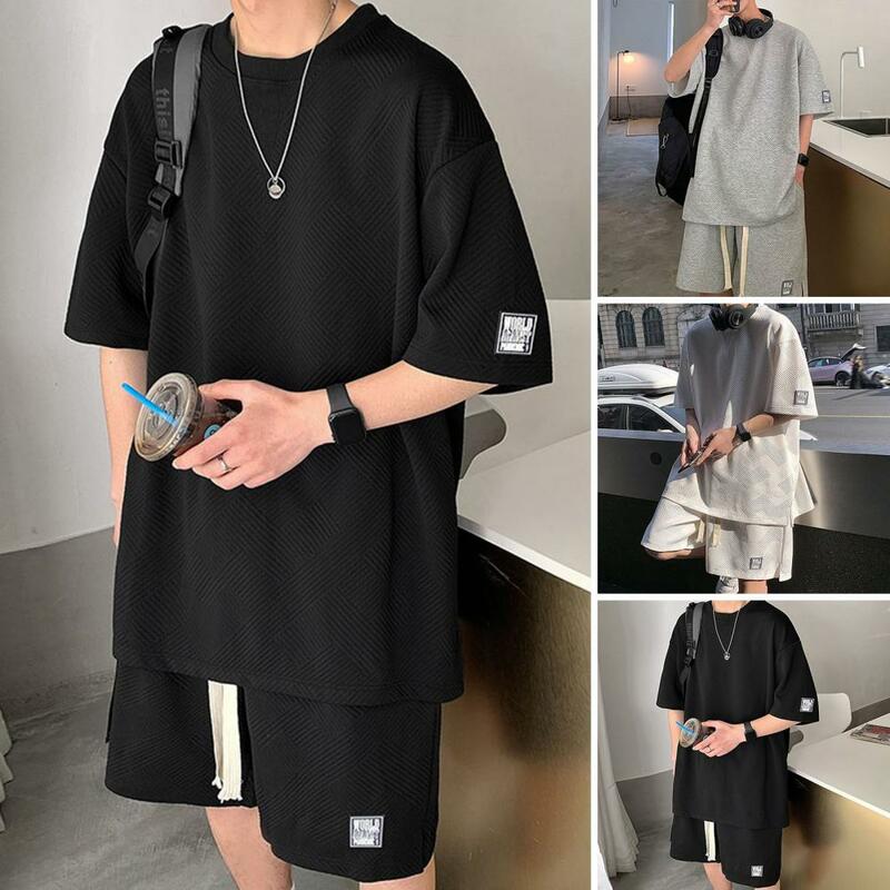Men Activewear Waffle Texture Elastic Waistband Men Loose T-shirt Shorts Fitness Set Side Split Leisure Outfit Streetwear