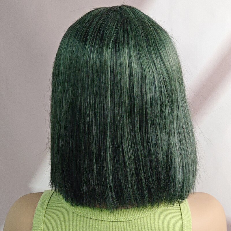 Peruca reta curta para mulheres, cabelo brasileiro pré-arrancado, densidade de 180%, cabelo humano verde, renda 2x6