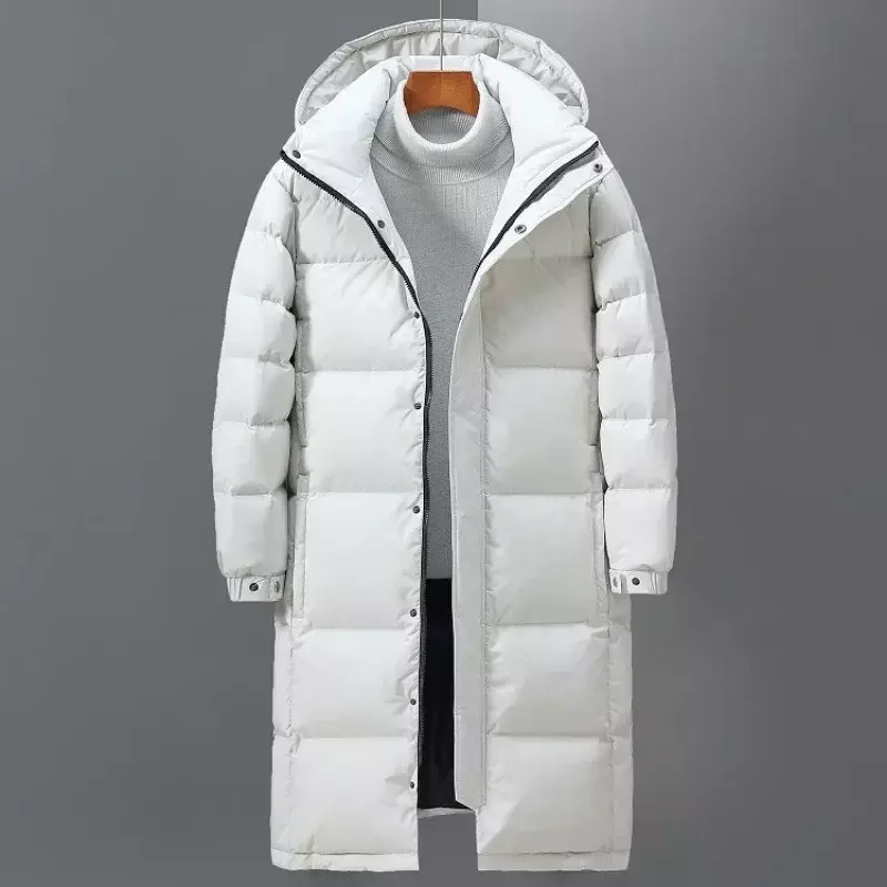 Długa kurtka puchowa mężczyźni płaszcz puchowy z kapturem zimowe ciepłe grube kurtka pikowana białe parka z kaczym puchem płaszcz wiatroszczelny odzieży wierzchniej