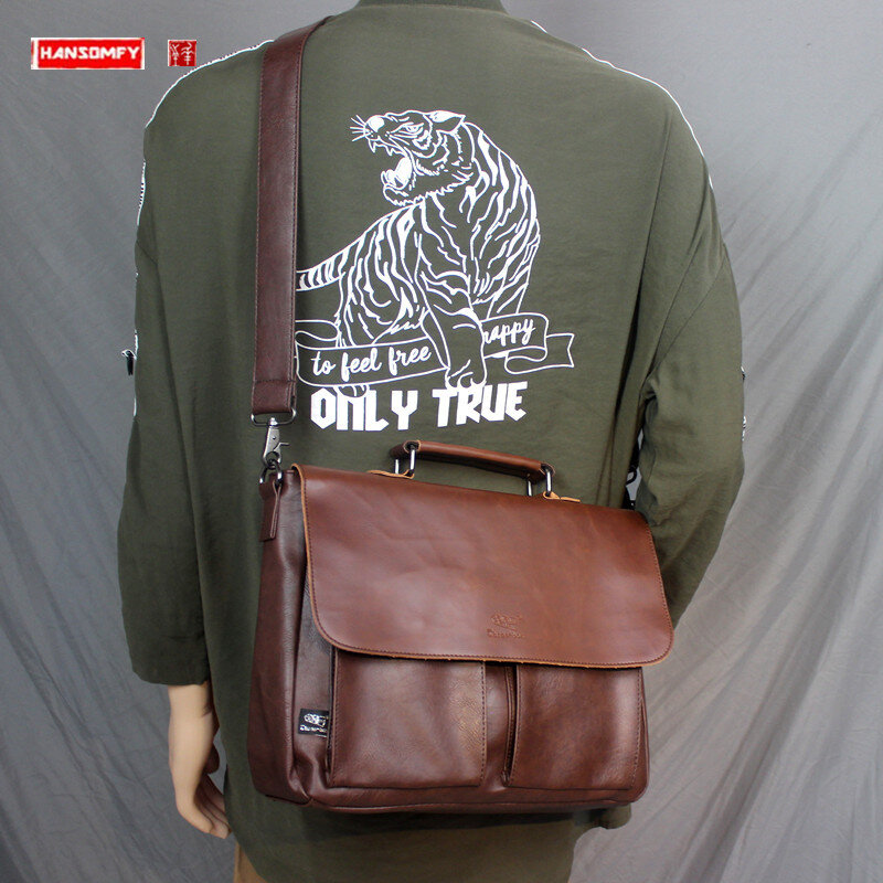 Мягкая кожаная мужская сумка, портфель в японском стиле ретро, мужская сумка для ноутбука, Повседневная сумка через плечо, модные брендовые большие сумки через плечо