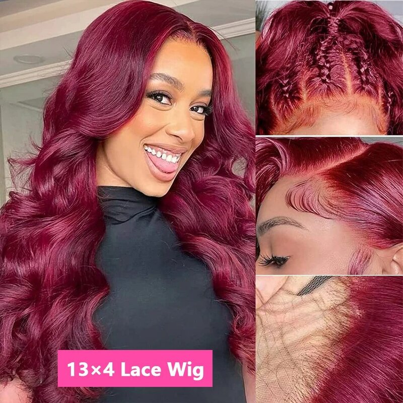 30-calowe 99j Burgundowe Body Wave Lace Front Ludzkie Włosy Peruka Kolorowe Bezklejowe Włosy Peruki Dla Kobiet Czerwony 13x4 13x6 Hd Lace Frontal Wig