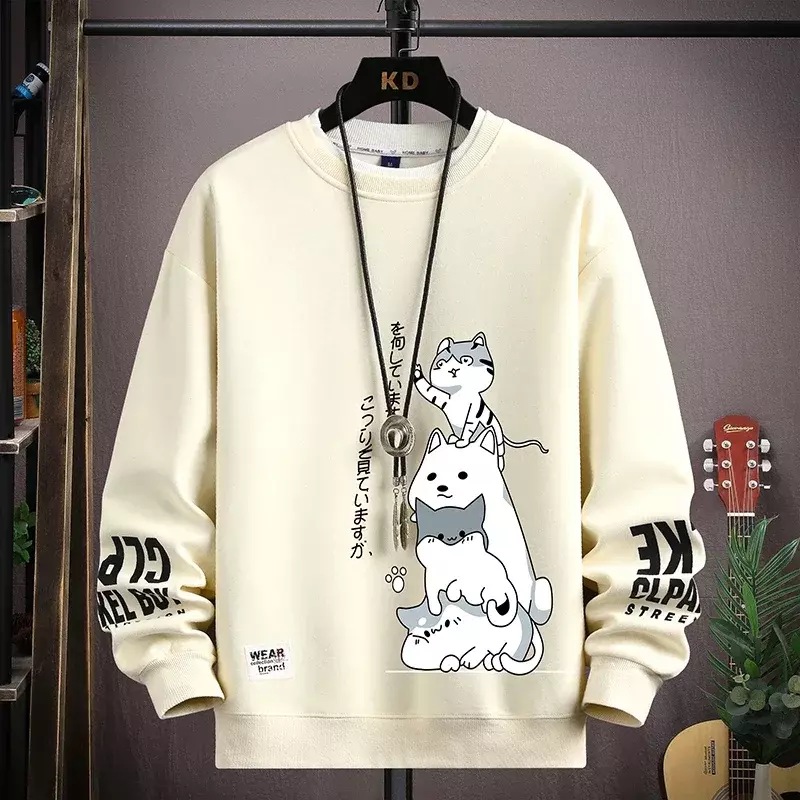 Kaus lengan panjang pria, pakaian kasual modis jalanan tinggi Harajuku cetak kucing kartun Jepang musim gugur