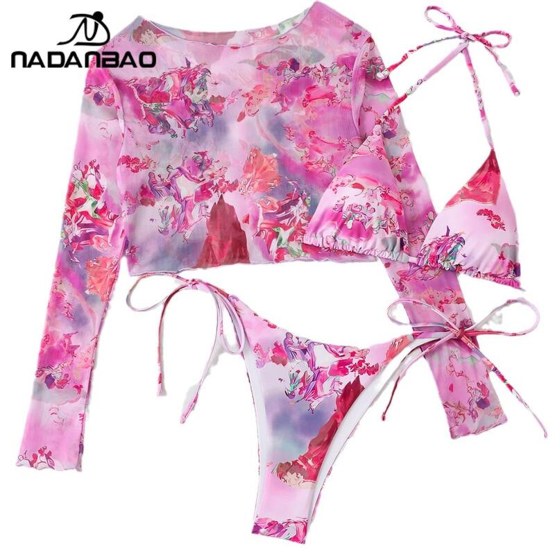Nadanbao-maiô sexy com estampa floral para mulheres, conjunto de duas peças, biquíni, blusa, para festa na praia