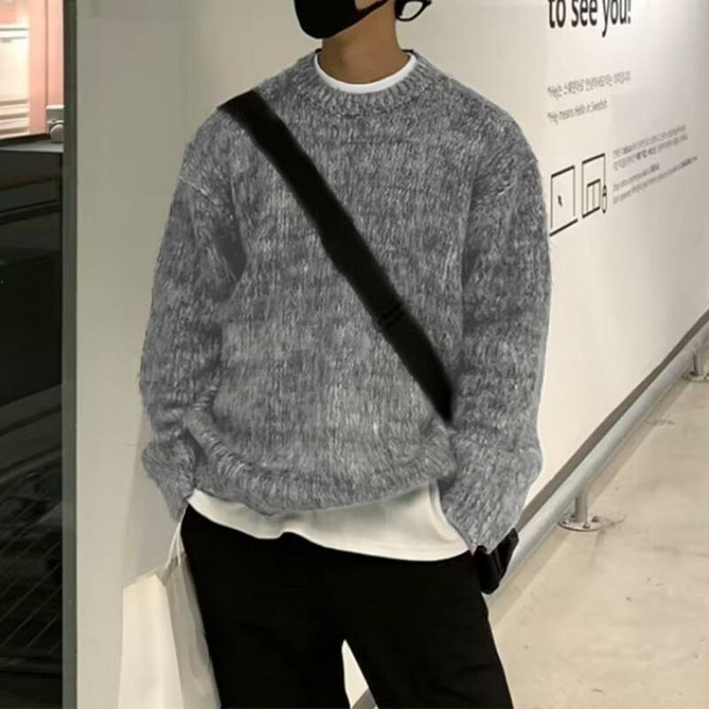 Fall Winter Men Sweater Thick Knitted Round Neck Retro Soft Warm Elastic Anti-shrink Long Sleeve Pullover Mid Length Men Sweater
