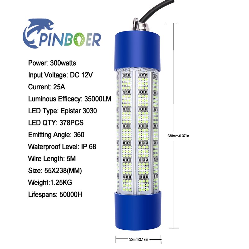 Pinboer 수중 낚시 조명, 수중 고출력 LED 미끼 및 파인더 램프 유인제, 녹색 흰색, DC12V, 200W, 300W