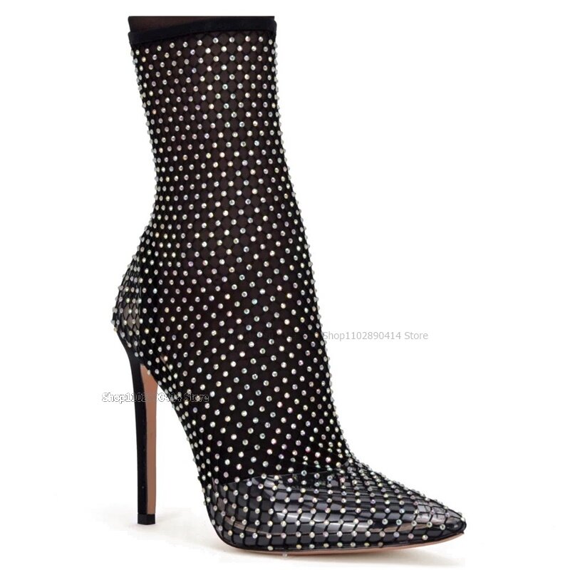 블랙 클리어 PVC 할로우 디자인 포인티드 토 부츠, 중간 종아리 여성 신발, 얇은 하이힐, 참신한 패션, 섹시한 2023