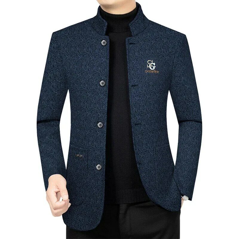 Jaket blazer bisnis pria, blazer jaket kasual kerah berdiri musim semi musim gugur pria 4XL