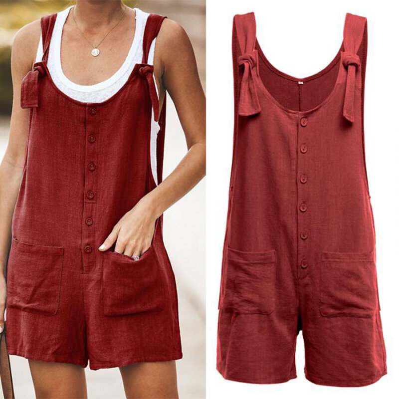1pcs Summer Fashion New Cotton And Linen Lace-up One-piece Straps Solid Colored Buttons Comfortable Casual Women's Shorts