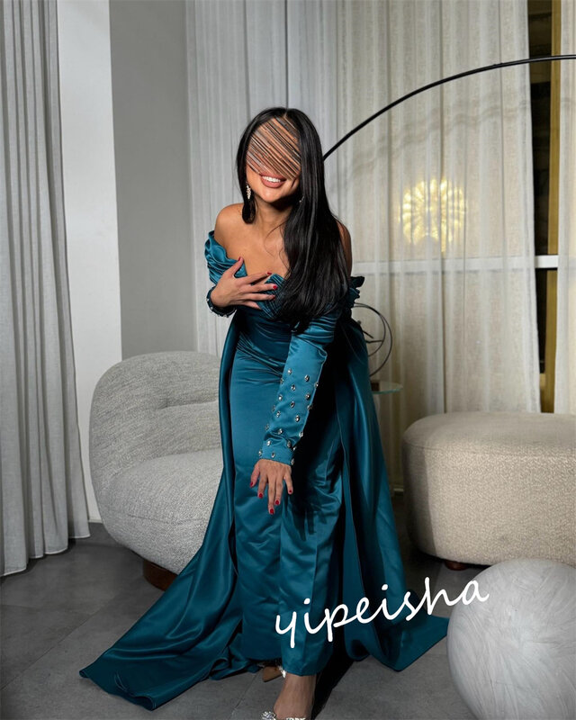 Jiayigong gaun pesta Satin, Gaun panjang berpayet model A-line untuk pesta dansa, gaun bahu terbuka