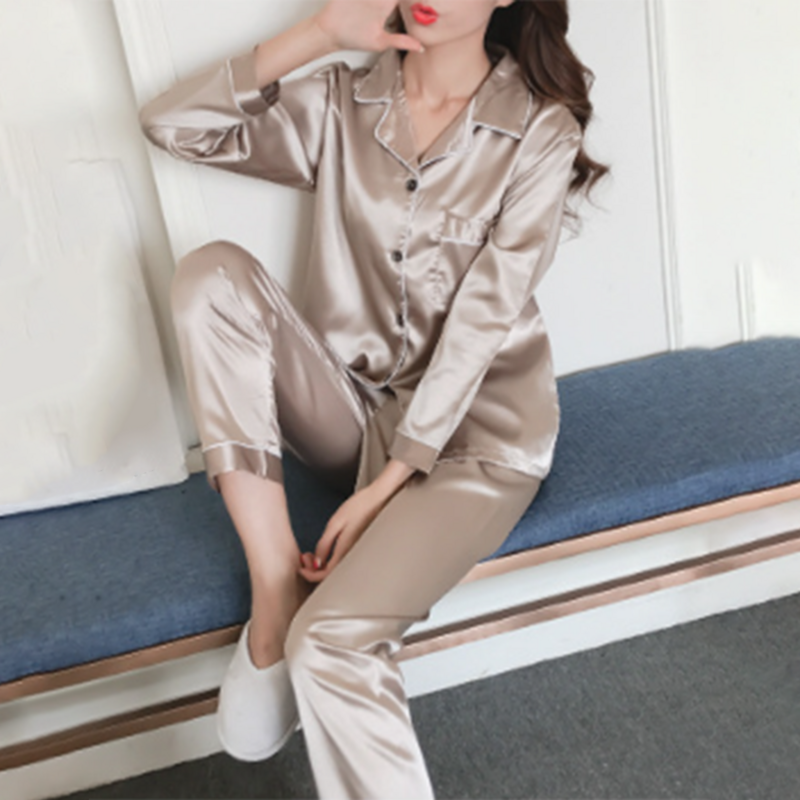 Women Satin Long Sleeve Pajama Set Lapel Top And Pants Comfortable Solid Pajamas Loungewear 2024 New Arrival Drop Shipping
