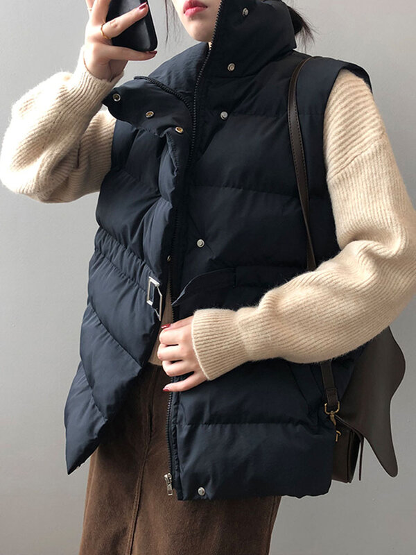 Chaleco informal con cinturón para mujer, chaqueta elegante sin mangas con cremallera y cuello levantado, chaleco de plumón liso con bolsillo