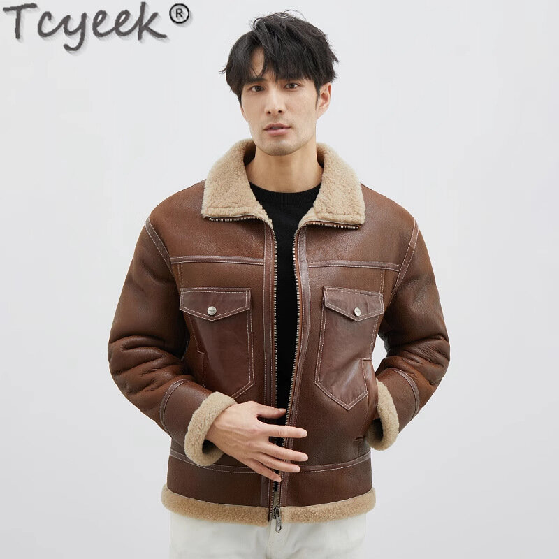 Tcyeek-معطف رجالي من فرو الغنم الطبيعي ، جاكيتات جلدية أصلية ، معاطف فرو حقيقي سميكة ، ملابس رجالية ، ملابس شتوية