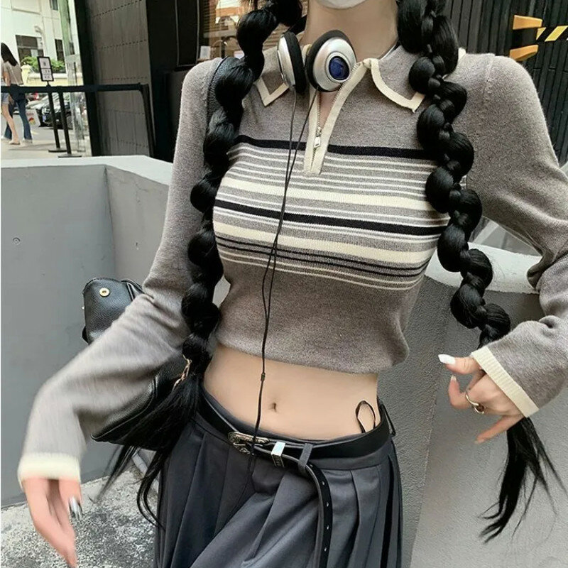 Винтажный женский свитер в полоску в стиле панк