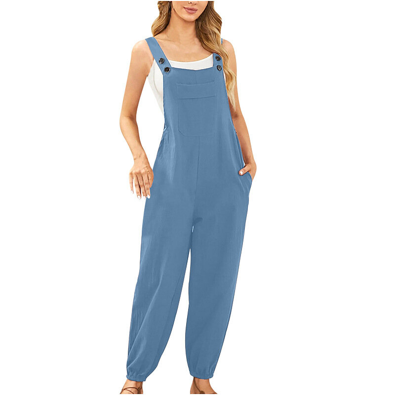 Mono informal de lino y algodón para mujer, pantalones tipo mochila con bolsillos y pierna pequeña, novedad de verano, 2024