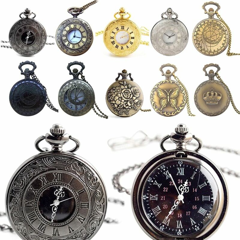 Retro Steampunk Vintage Style Quartz Pocket Watches with Necklace Chain for Women Men Fashion Gift