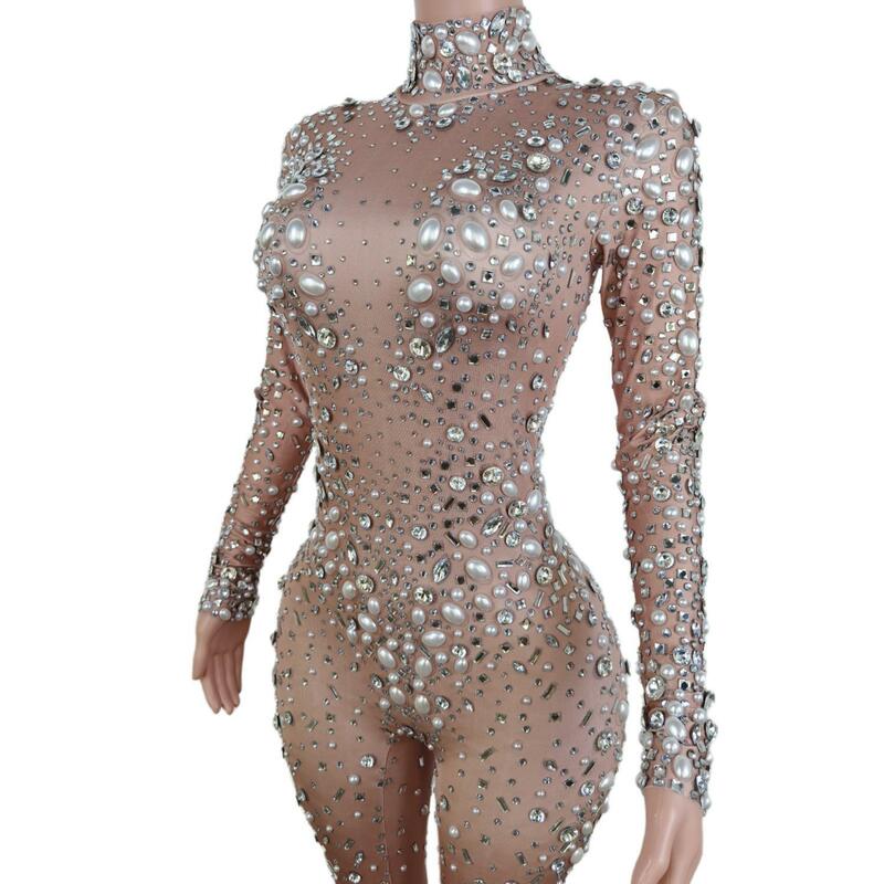 Sparkly pedras macacão elastano estiramento unitard brilhando dança traje bodysuit de uma peça nightclub outfit leggings