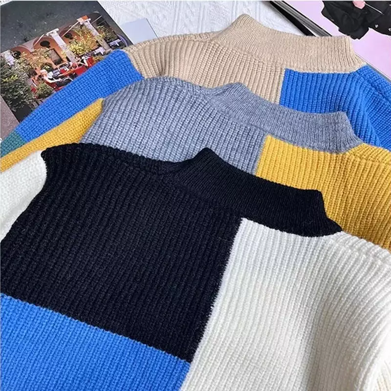 Męski jesienno-zimowy nowy pół wysoki dekolt kolor blokujący uniwersalny pulower prosta koszula