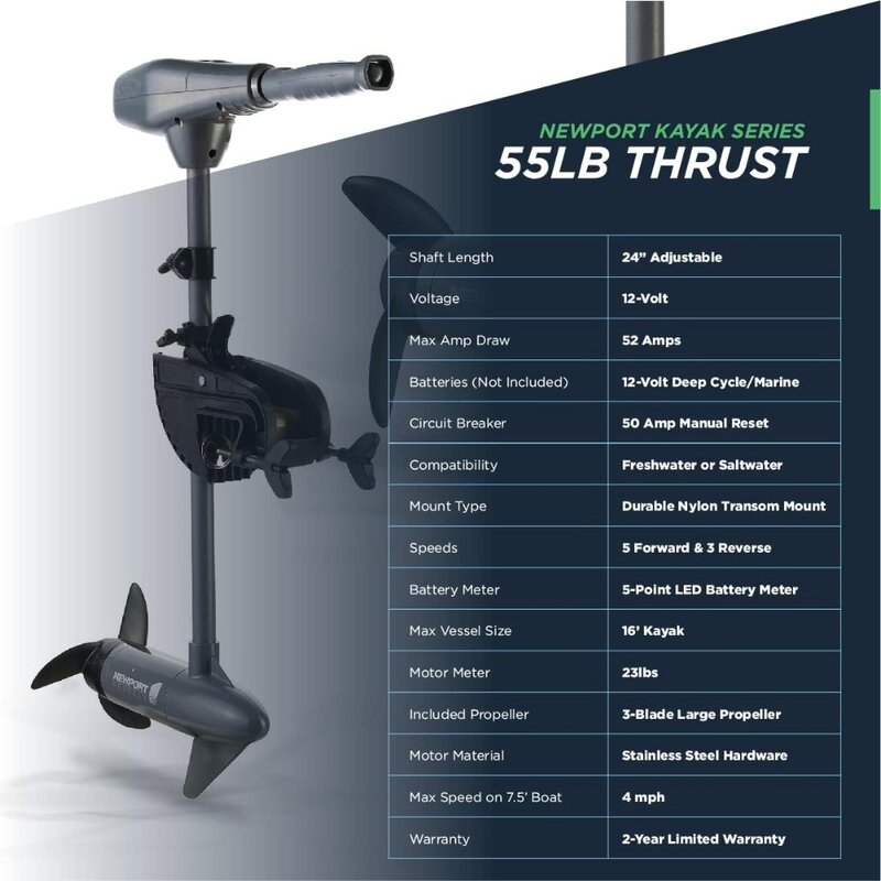 Series 55lb Thrust Transom Mounted Saltwater Electric Trolling Motor w/LED Battery Indicator (24" Shaft)