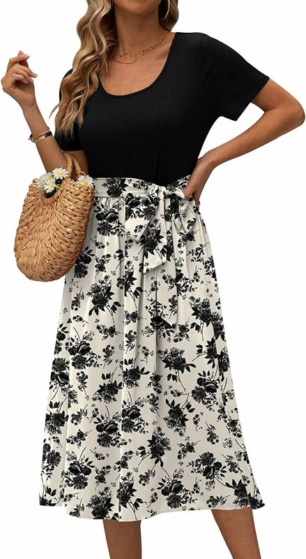 Spring and Summer Women's Midi Skirt Casual New Cotton Round Neck Spliced Lace Up Flower Printing Short Sleeve Dress