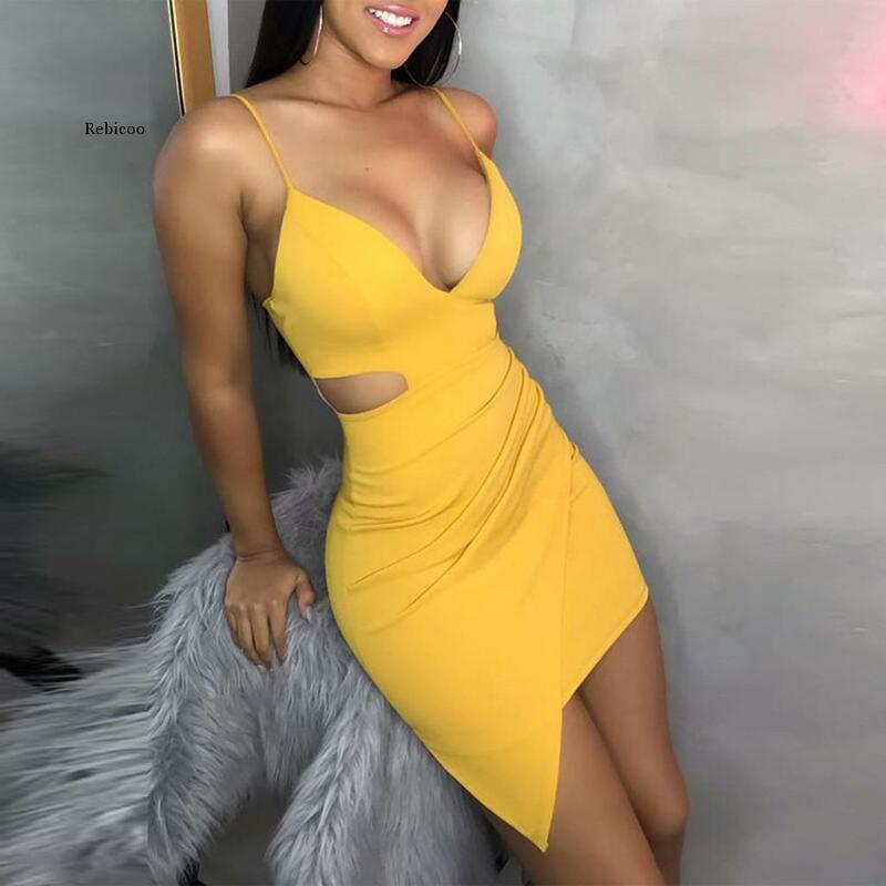 Sexy envoltório hip mini vestido irregular amarelo oco para fora noite clube festa espaguete cinta babados elegante vestido feminino