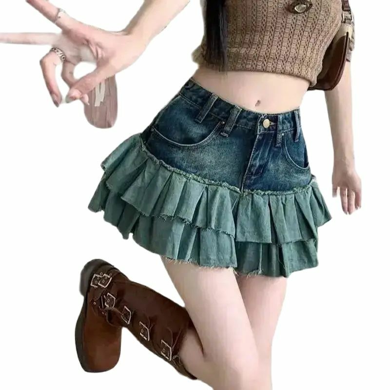 Minifalda vaquera para mujer, Falda plisada de cintura alta con contraste, retales desgastados, Estilo Vintage, Y2K, ropa de calle para verano