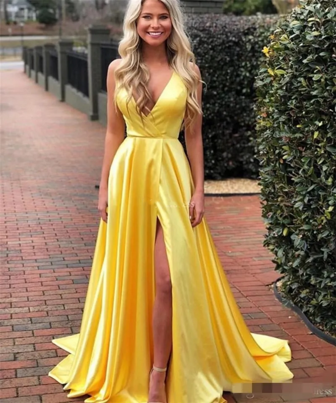 Amarelo brilhante cetim vestidos de baile, uma linha profunda decote em V, fenda frontal sexy, cintas divididas, vestidos formais de festa à noite