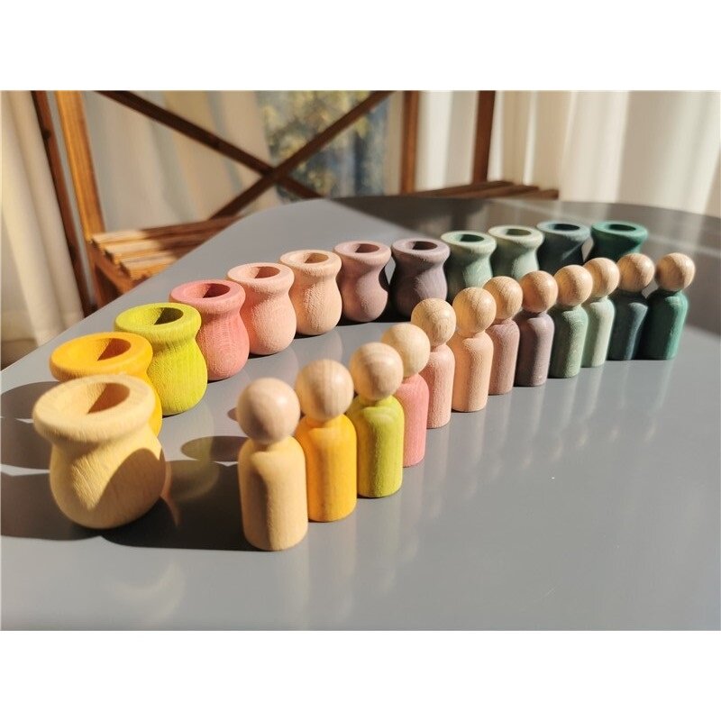 Rainbow Wood Peg Dolls with Cups Handmade Stain Stacking People in Bowls for Kids Open-Ended Play