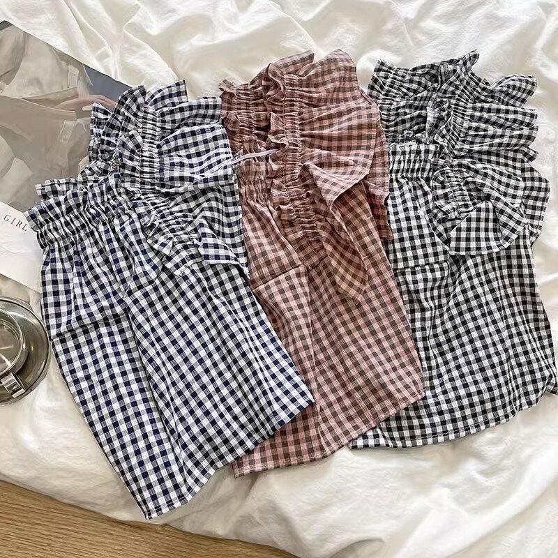 French retro plaid slimmer summer solid color short shirt