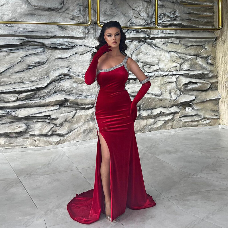 Elegant Gorgeous Satin Evening Dresses For Women New Beading Sexy Off Shoulder Long Sleeved High Slit Simple Mopping Prom Gowns