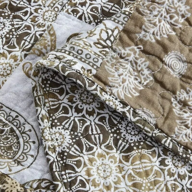 Duvet cover set bohemian cotton patchwork - Moroccan dream bedspread, durable and reversible, olive and brown filigree design