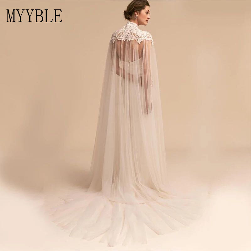 Custom Made Lace Appliques Tulle Wedding Bridal Cape High Neck Long Cloak Cathedral Length Wedding Long Bridal Accessories