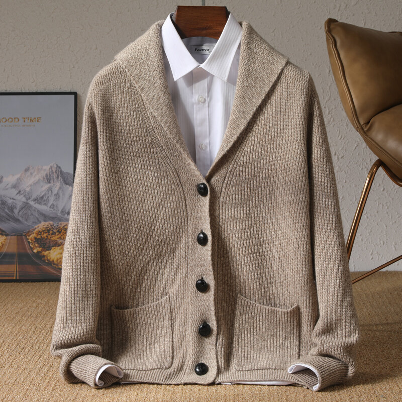 Cárdigan de punto de cachemira pura para hombre, suéter acolchado de color sólido, anticuello, negocios y ocio, otoño e invierno, novedad de 100%