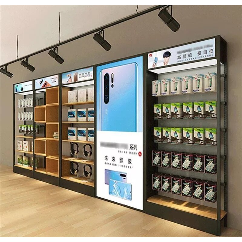 Estante de almacenamiento de Metal personalizado, estantes de exhibición de acero, madera, teléfono móvil y tienda de teléfonos móviles