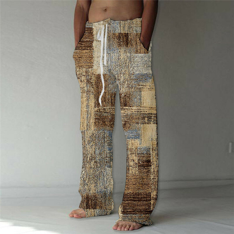 Pantalones de pierna ancha informales a cuadros Vintage para hombre, pantalones de playa holgados hawaianos con estampado 3D, moda de verano