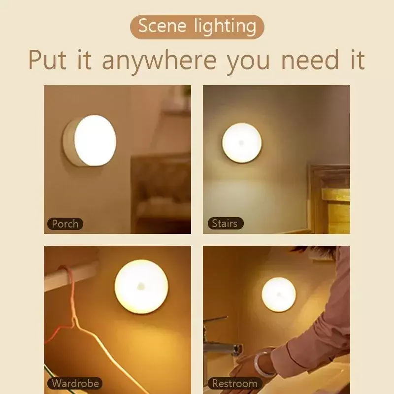 Sensor de Movimento PIR LED Night Light, USB Recarregável, Lâmpada para Cozinha, Armário, Guarda-roupa, Escada, Luz do armário sem fio