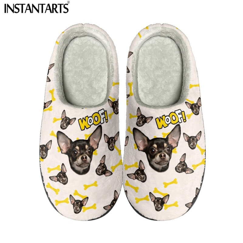 INSTANTARTS แฟชั่นรูปแบบ Chihuahua ฤดูหนาว Warm Soft ในร่มรองเท้าแตะนุ่มน้ำหนักเบาลำลอง Unisex Plush รองเท้าแตะสไลด์