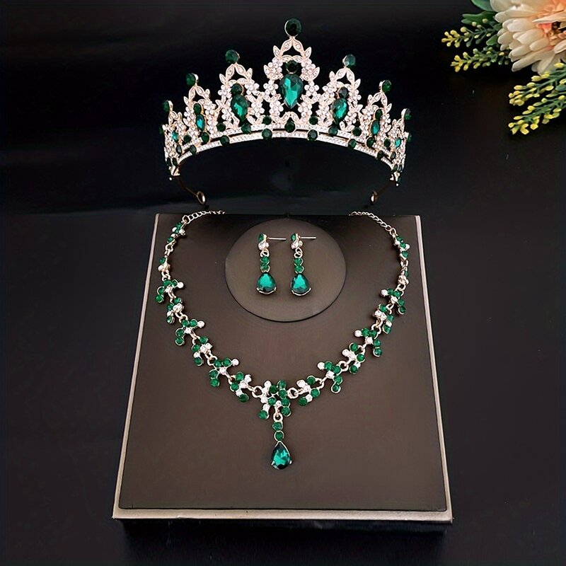 Coroa e tiara de cristal para mulheres, conjunto de jóias para meninas princesas, brincos e colar, tiara de casamento para noiva, 3 pçs/set