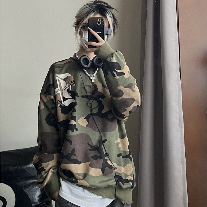 Camouflage Pullover Rundhals ausschnitt Sweatshirt Hip Hop Y2K Hoodie Streetwear koreanische Vintage Kapuzen pullover übergroße Tops Männer Frauen