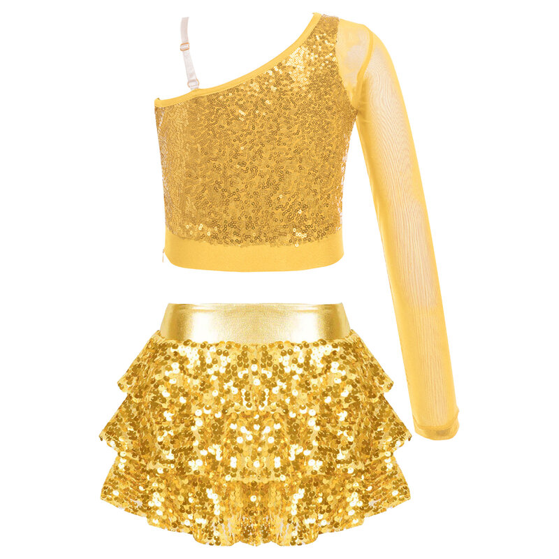 Kids Girls Hip Hop Jazz Dance Cheerleading Performance Costume Long Sleeve Crop Top with Mini Skirt Set Shiny Sequin Dance Outfi