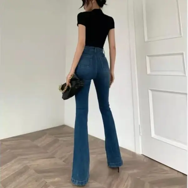 Jeans Suar Elastis Katun Poliester Pinggang Tinggi Wanita 2023 Celana Jeans Nyaman Flare Kaki Panjang Ramping Gaya Antik Musim Semi Wanita