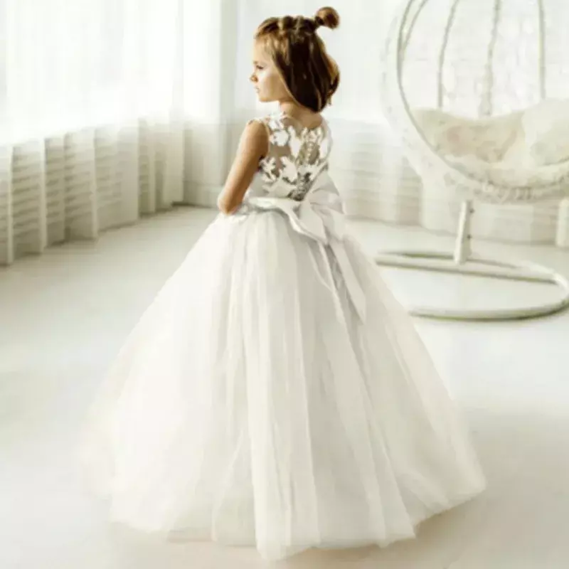 Gaun gadis bunga bengkak Tulle applique pita dengan ekor dapat dilepas gaun pernikahan Komuni Pertama pesta ulang tahun anak perempuan bayi putri