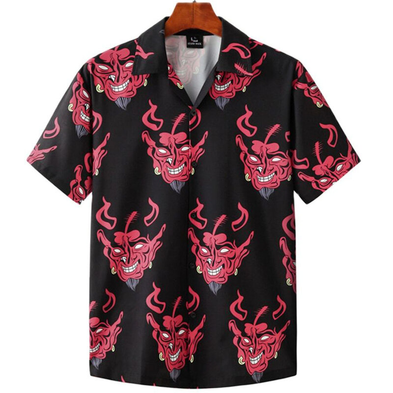 Camisa hawaiana con cuello cubano para hombre, camisa con estampado de Diablo, ropa de calle de moda, Top de manga corta de verano, nueva ropa de moda para hombre